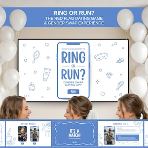 Op de afbeelding: Een presentatiescherm met de tekst "RING OR RUN?" en "THE RED FLAG DATING GAME & GENDER SWAP EXPERIENCE". Het scherm toont een telefoon-app-interface. Witte ballonnen versieren de achtergrond. Drie vrouwen zijn zichtbaar op de voorgrond.