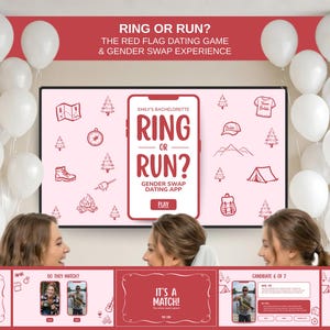 以下が含まれることがあります： 「Ring or Run?」という出会い系ゲームのプロモーション画像。ピンクと白を基調としたデザインで、アプリのロゴやイラストが画面に表示されています。白い風船と3人の女性も写っています。
