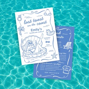 Peut inclure: Deux invitations bleues et blanches pour un enterrement de vie de jeune fille, avec des illustrations de sirène, coquillage et chaise longue. Les invitations comportent le texte "last toast on the coast" et "Emily's bachelorette weekend."
