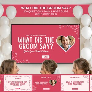 Op de afbeelding: Een roze en wit vrijgezellenfeestspel met de tekst "What Did The Groom Say?" en "Girls Gone Mild Edition." Het spel bevat een foto van een man in een hartvormige lijst en bevat witte ballonnen.