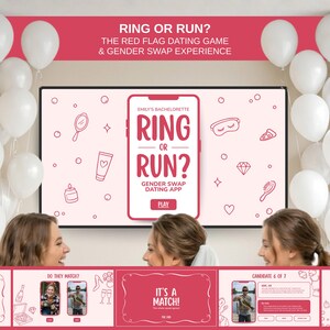 Op de afbeelding: Een scherm toont de tekst "RING OR RUN?" en "GENDER SWAP DATING APP", omringd door witte ballonnen. Daaronder bevinden zich drie kleinere schermen met tekst en afbeeldingen. De afbeelding toont een vrijgezellenfeestspel.