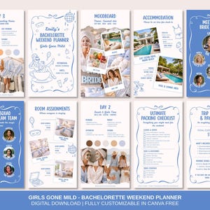 Op de afbeelding: Een digitale vrijgezellenfeestplanner genaamd "Girls Gone Mild". Het blauw-witte ontwerp bevat secties voor de route, moodboard, accommodatie en paklijst. Met foto's en illustraties.