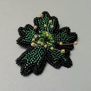Embroidered Beaded Flower Brooch – Green Black Boho Pin – Handmade Nature Jewelry – Cottagecore Gift – Eco Style Brooch – Free Shipping