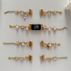 Gold Fitbit Bracelet Band, Handmade Jewelry Strap with Pearls & Heart Charms, Elegant Replacement Bracelet for Fitbit Luxe Inspire Charge