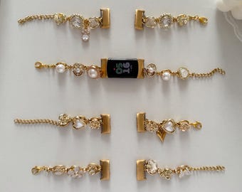 Gold Fitbit Bracelet Band, Handmade Jewelry Strap with Pearls & Heart Charms, Elegant Replacement Bracelet for Fitbit Luxe Inspire Charge