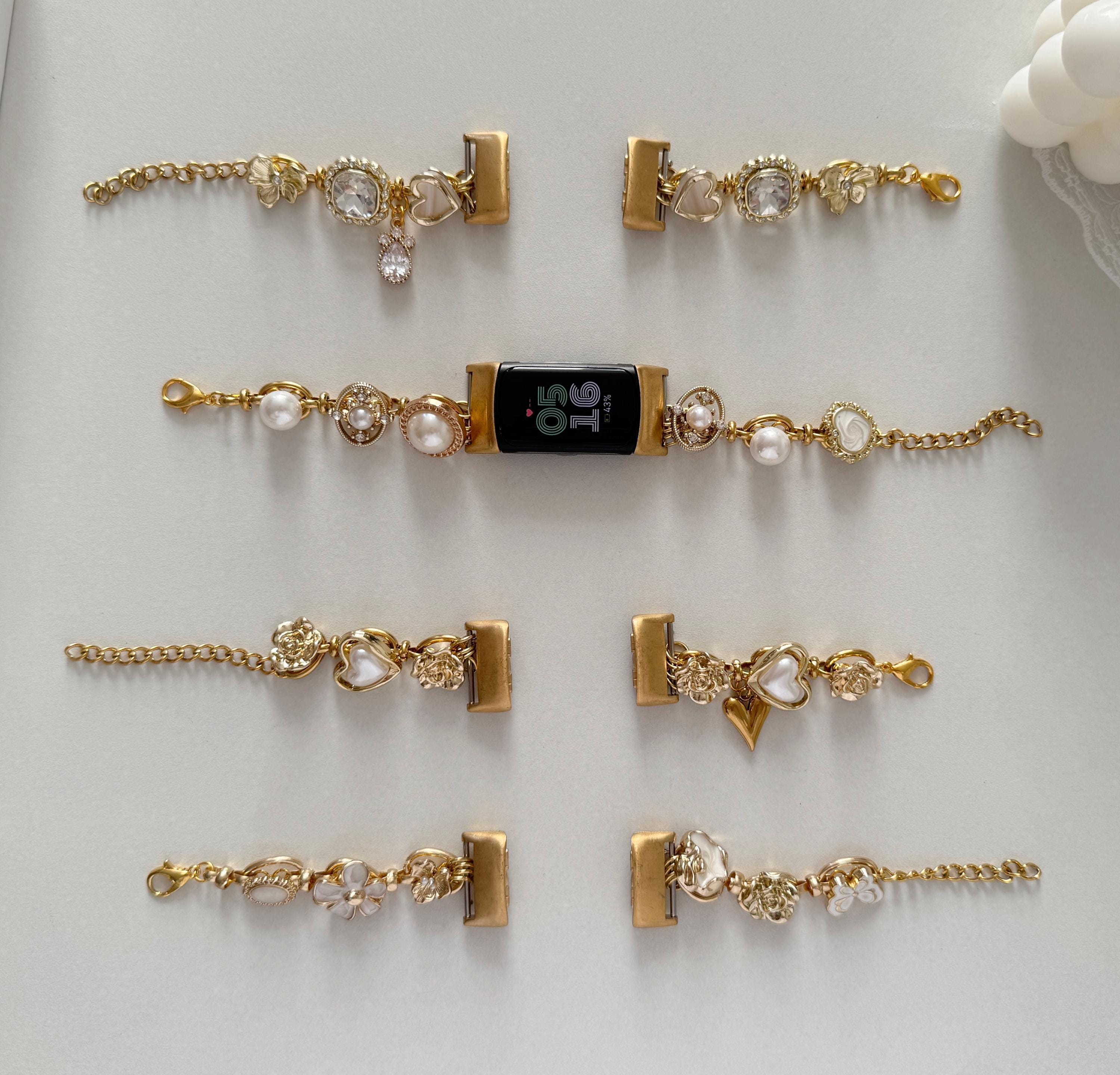 Gold Fitbit Bracelet Band, Handmade Jewelry Strap with Pearls & Heart Charms, Elegant Replacement Bracelet for Fitbit Luxe Inspire Charge