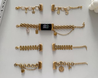Handgemaakte Fitbit-sieradenband, gouden kettingarmband met hemelse en vintage bedels, elegante verstelbare bandvervanging, cadeau voor haar