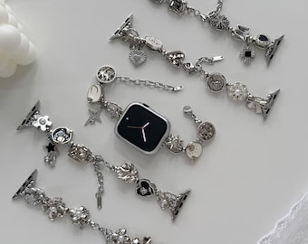Silver Charm Watch Strap Fits Apple Watch，Handmade Smart Watch Band with Stars, Hearts, Pearls & Flowers,Celestial Vintage Bracelet Design