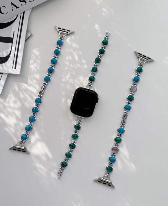 Turquoise Gemstone Apple Watch Band Silver Jewelry Chain Bracelet Boho Style Handmade Apple Watch Band for Women Series Ultra SE