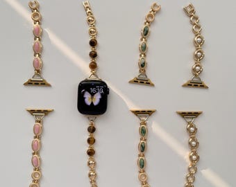 Gold Gemstone Apple Watch Strap,Gold Pearl Gem Watch Strap,Pearl & Stone Jewelry Band, Elegant Gift for Her,Boutique Band Fits Apple Watch