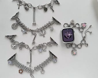 Stainless Steel Charm Bracelet Band Compatible with Apple Watch, Silver Chain Strap for Smart Watch,Handmade Y2K-Inspired Chain Bracelet