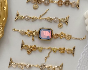Correa de reloj dorada de inspiración vintage compatible con Apple Watch, correa de reloj inteligente con dije hecho a mano, cadena de correa de reloj compatible con todos los tamaños de Apple Watch.