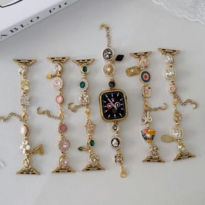 Correa de reloj chapada en oro compatible con Apple Watch, correa vintage compatible con Apple Watch, pulsera con dijes para correa de reloj inteligente, correa atemporal.