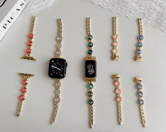 Handmade Watch Straps for Apple Watch & Fitbit, Gold Link Bracelet with Colorful Crystal Accents, Adjustable Length, Stylish Gift for Her