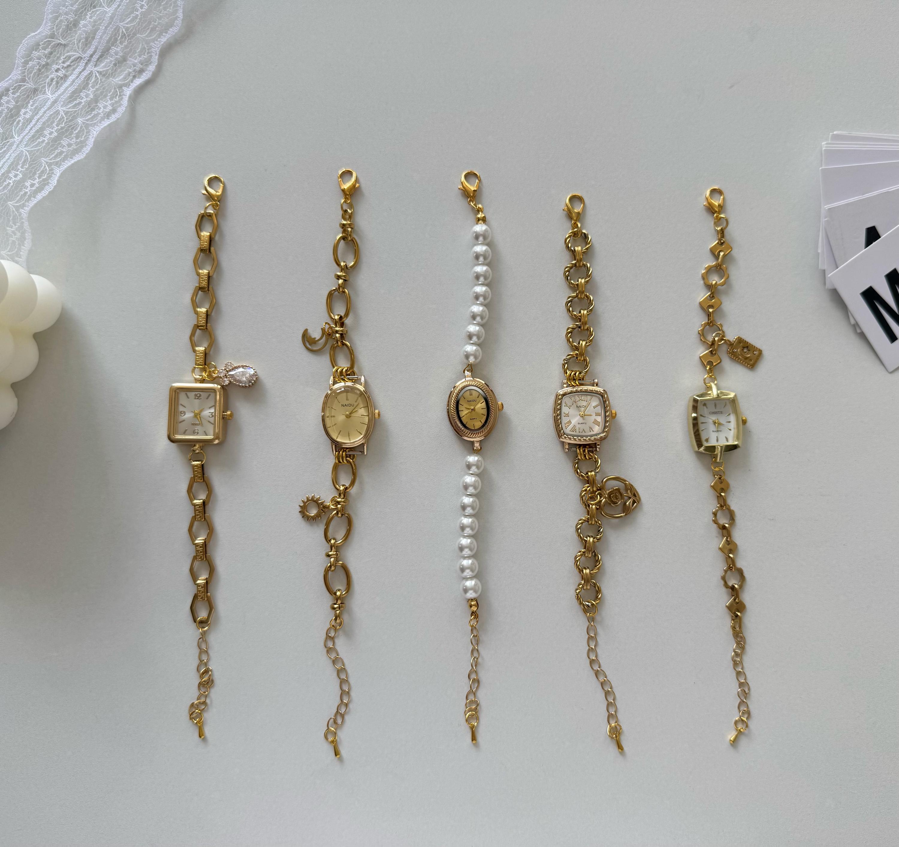 Handmade Vintage Style Gold Watch Bracelet,Pearl Beaded Watch Jewelry, Elegant Square & Oval Face Wristwatch,Retro Charm Wristwatches