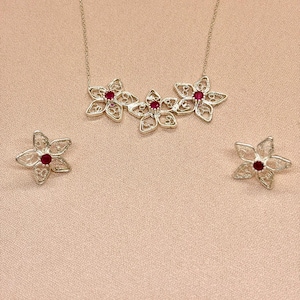 Silver Filigree Flower Jewelry Set with Pink Zircon, Handmade Necklace and Earrings, Midyat Artisan Craft, Elegant Gift for Her