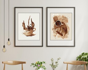 Coffee Art Prints – Coffee Splash & Croissant Set (Digital Download)