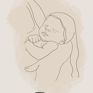 以下が含まれることがあります： 抱擁された赤ちゃんを描いたミニマリストな線画プリント。赤ちゃんは眠っており、アートワークはニュートラルな色調で、「David」という名前と「27.03.2023」の日付が下にあります。背景は水彩効果があります。