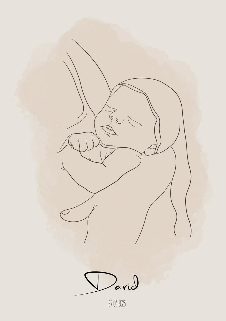 以下が含まれることがあります： 抱擁された赤ちゃんを描いたミニマリストな線画プリント。赤ちゃんは眠っており、アートワークはニュートラルな色調で、「David」という名前と「27.03.2023」の日付が下にあります。背景は水彩効果があります。