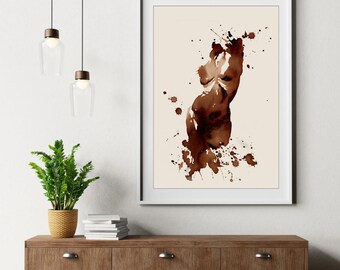Feminine Energy Wall Art - Coffee Painting, Abstract Nude Woman Print, Minimalist Boho Decor