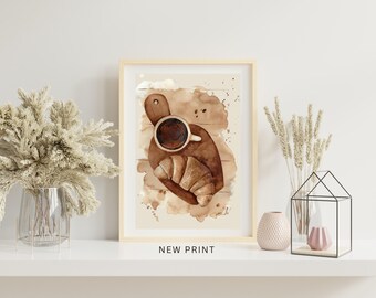 Coffee and Croissant Art Print, Coffee Painting Illustration (Digital Download)