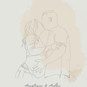 May include: Line art illustration of a couple embracing and kissing, with a neutral color palette. The artwork includes the names "Anastasiia & Andrei" and the year "2023" in a script font, set against a beige background.
