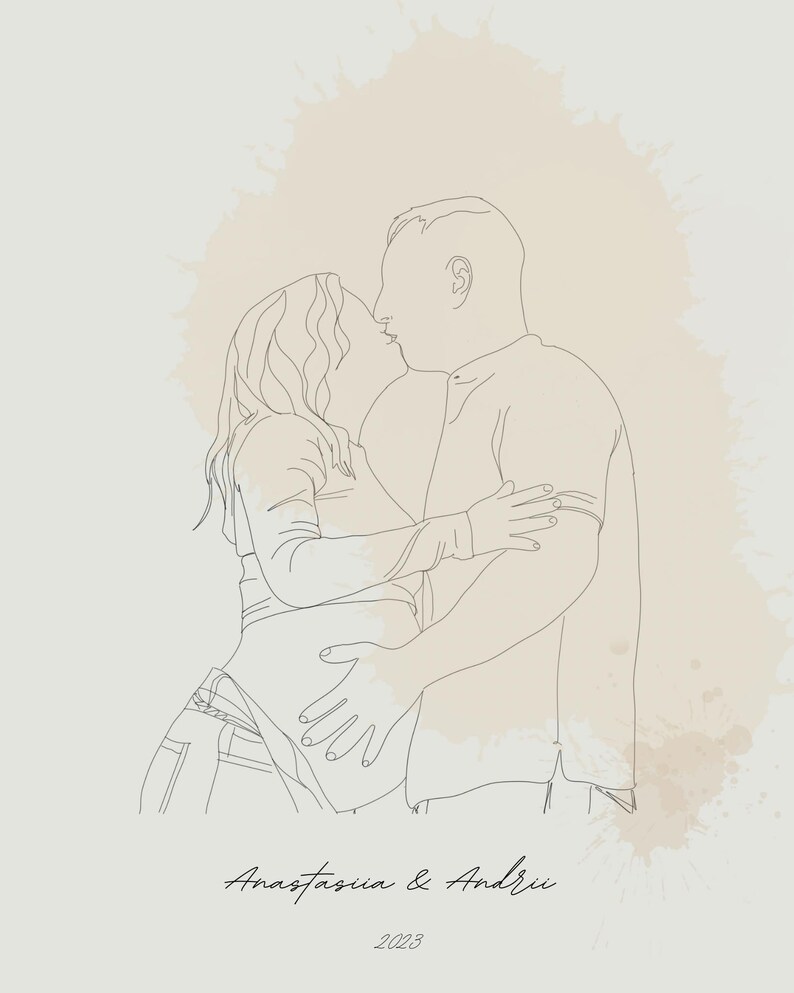 May include: Line art illustration of a couple embracing and kissing, with a neutral color palette. The artwork includes the names "Anastasiia & Andrei" and the year "2023" in a script font, set against a beige background.