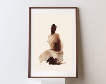 Coffee Woman Illustration - Minimalist Female Figure Printable Art - Neutral Tones Wall Decor - Digital Download