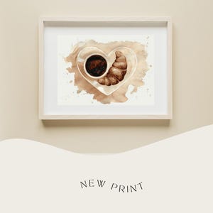 Coffee Painting Art Print, Croissant on Heart Plate (Digital Download)