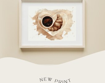 Coffee Painting Art Print, Croissant on Heart Plate (Digital Download)