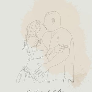 以下が含まれることがあります： 抱きしめ合いキスをするカップルの線画イラスト。ミニマリストスタイルで、ニュートラルな色使い。カップルの下に「Anastasiia & Andrii」という名前と「2023」という年が書かれています。