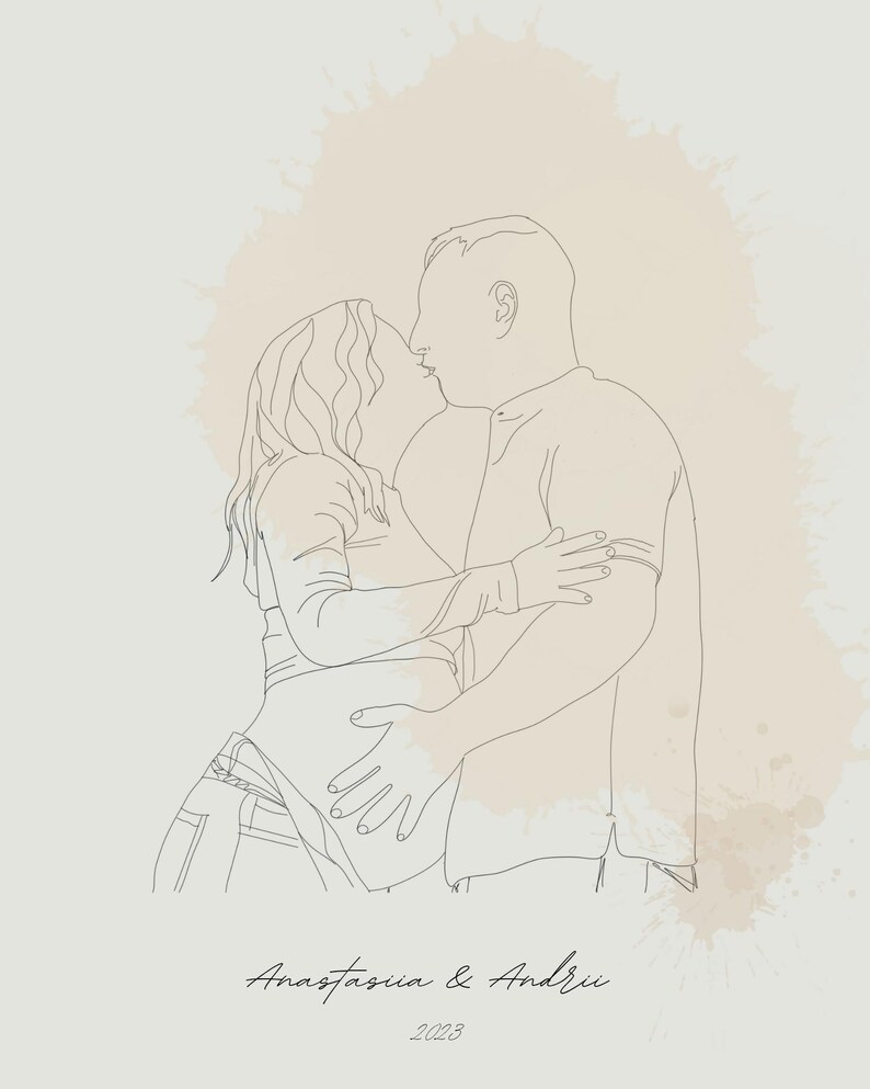 以下が含まれることがあります： 抱きしめ合いキスをするカップルの線画イラスト。ミニマリストスタイルで、ニュートラルな色使い。カップルの下に「Anastasiia & Andrii」という名前と「2023」という年が書かれています。