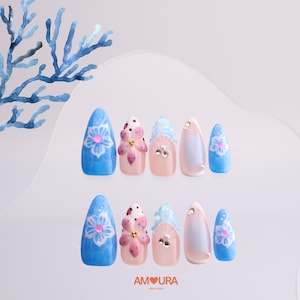 Blue Floral Nails | Handmade 3D Flower Press On | Blue Press On Nials | Cute Summer Nails |Reusable  Trendy Nail Art |Gift for Her-146