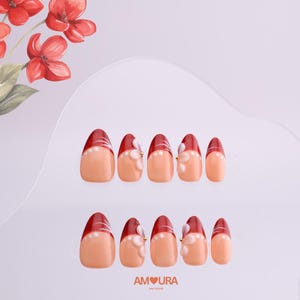 Red French Press On Nails | Floral Short Almond Nails | Handmade 3D Flower Fake Nails | Short Nails for Date Party Look |Gift for Her-162