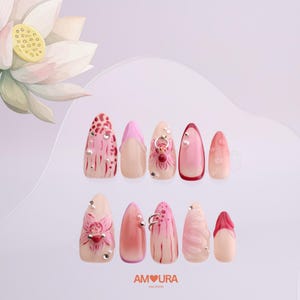 Pink press on nails | Red flower nails | Gradient fake nails | Handmade floral nails | Korean style Crystal charm nails |Gift for Her-142