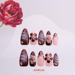 Burgundy 3D Flower Nails | Dark Red  Press On Nails | Handmade Medium Almond Nails | Luxury Reusable Nails Set |Gift for Her-149