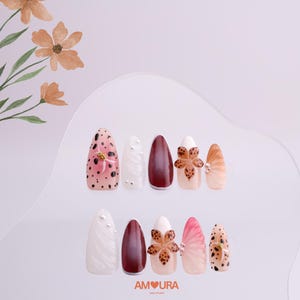Leopard Print Press On Nails | Brown 3D Flower Fake Nails | Handmade Cute Animal Nail Set | Medium Almond Nail Tips| Long Lasting Nails-181