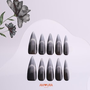 Black Ombre Handmade Press On Nails | Long Stiletto Silver Gradient Press-on | Glossy Fake Nails | Gothic Halloween Nail Set-194