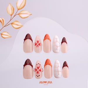 Summer press on nails | Orange Medium almond nails | Tropical fake nails | Handmade 3D flower nails | Beach vacation nails |Gift for Her-144