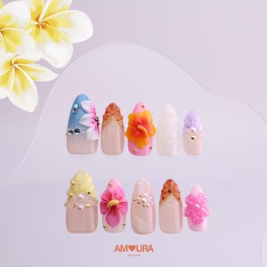 Tropical 3D Press On Nails with Flowers and Seashells | Summer Vacation Nails | Handmade Island Style Floral Nail Art Set| Gift for Her-166