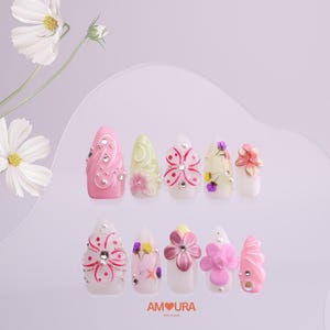 Pink Floral Press on Nails | 3D Charm Fake Nails | Spring Handmade Nails | Cute Pastel Nails | Medium Almond Tips|Gift for Her-140