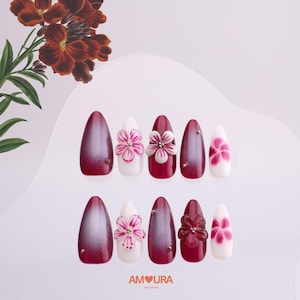 Wine Red Press On Nails | 3D Flower Almond Nails | Burgundy Handmade Fake Nails | Romantic  Elegant Simple Nail Art | Dark Red Nail Set-123