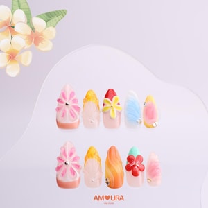 Tropical Summer Press On Nails | 3D Shell & Flower Nail Design | Handmade Vacation Fake Nails | Reusable Colorful Beach Nails-202