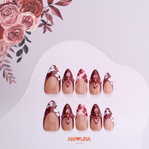 Burgundy Floral Nails | 3D Red Flower Press On Nails | Handmade Elegant French Nail Tips| Romantic Medium Almond Nail Set | Gift for Her-86