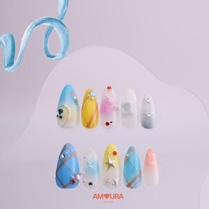 Colorful Press On Nails with Rhinestones and Star Charms | Medium Almond Pastel Gradient Fake Nails | Y2K Cute Handmade Nail Set-174