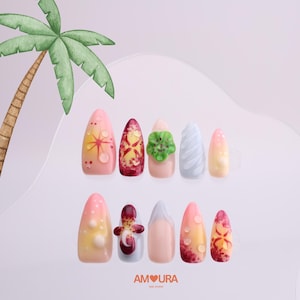 Tropical press on nails | Spring fake nails |Summer beach nails | Palm floral nails | Handmade Medium Almond vacation nails|Gift for Her-137
