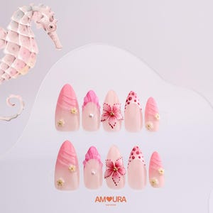 Pink Floral Nails | 3D Flower Press On | Handmade Medium Almond Nails | Cute Pink Nail Art | Sweet Girl Nail Art| Gift for Her-147