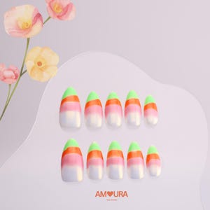 Neon Color Stripe Nails | Gradient Medium Almond Press On Nails | Handmade Nail Art | Bright Summer Colorful Nail Tips |Gift for Her-91
