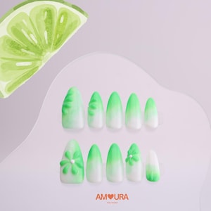 Green Ombre Press On Nails | 3D Flower Almond Shaped Nails Set | Handmade Summer Fake Nails |Summer Glue On Nails|Gift for Her-100