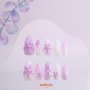 Purple 3D Flower Press On Nails | Handmade Glitter Nails with Pearls & Bows | Soft Romantic Medium Almond Nails|Tropical Floral Nails-197